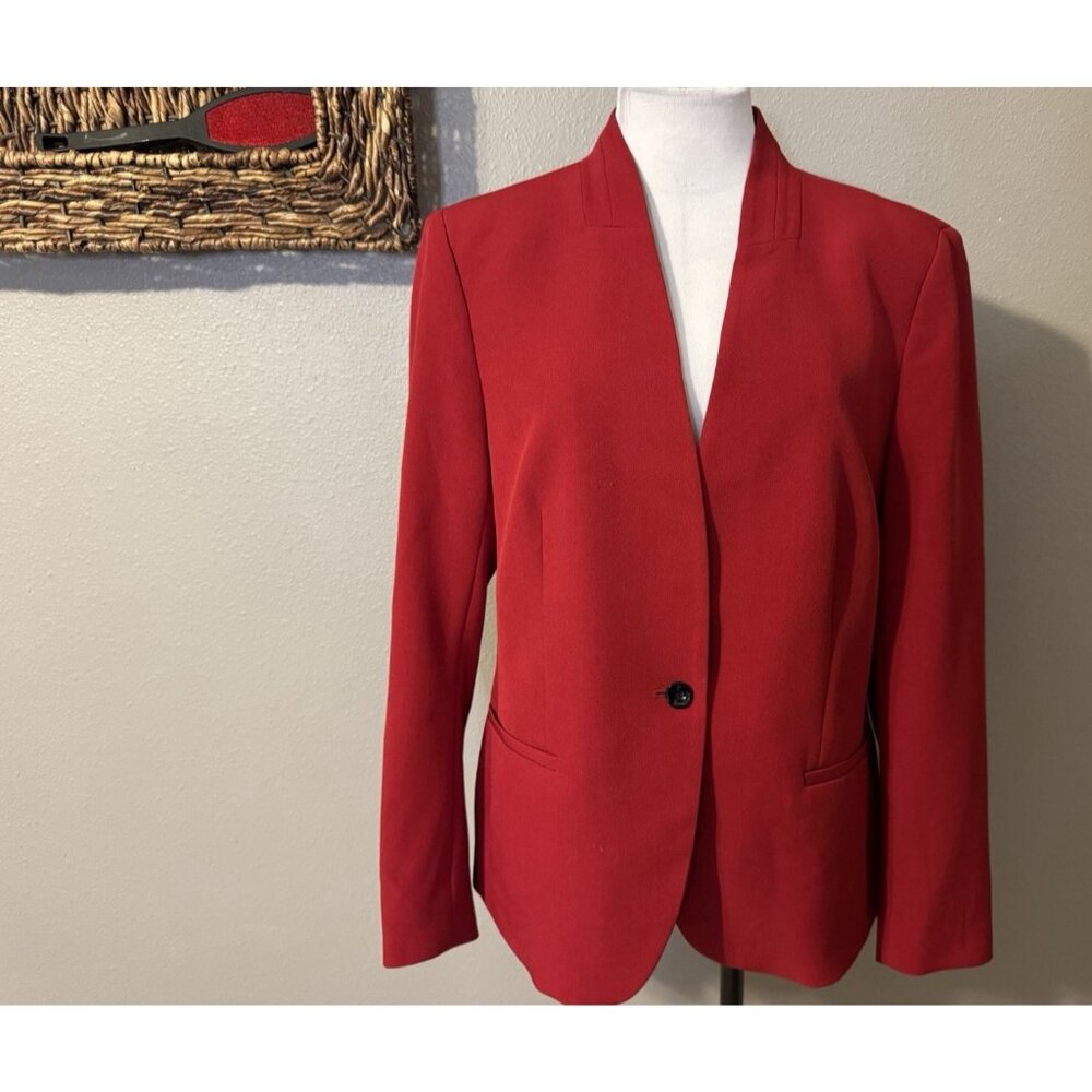 Kasper Suit Jacket Blazer 14 Red Classic 1 Button Stretch Office Career - Picture 3 of 13